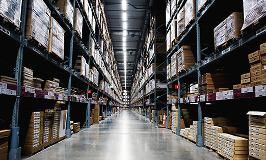 Products on inventory shelves storage